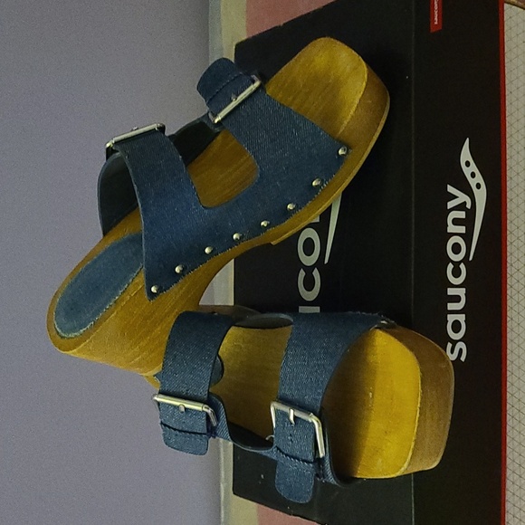 Women's Blue Demin Wooden Sandals - Picture 2 of 9